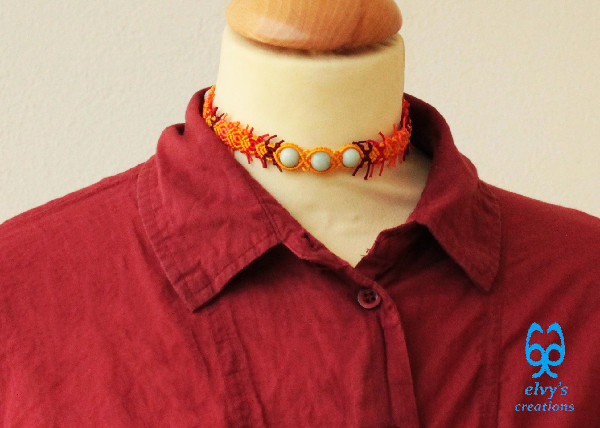 Yellow Macrame Necklace with Milky Quartz Gemstone Adjustable Lace Choker