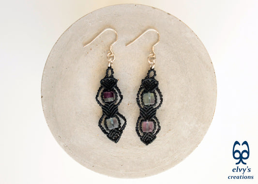 Handmade Silver Macrame Earrings,Fluorite Gemstone Beaded Earrings,Birthday Gift for Women